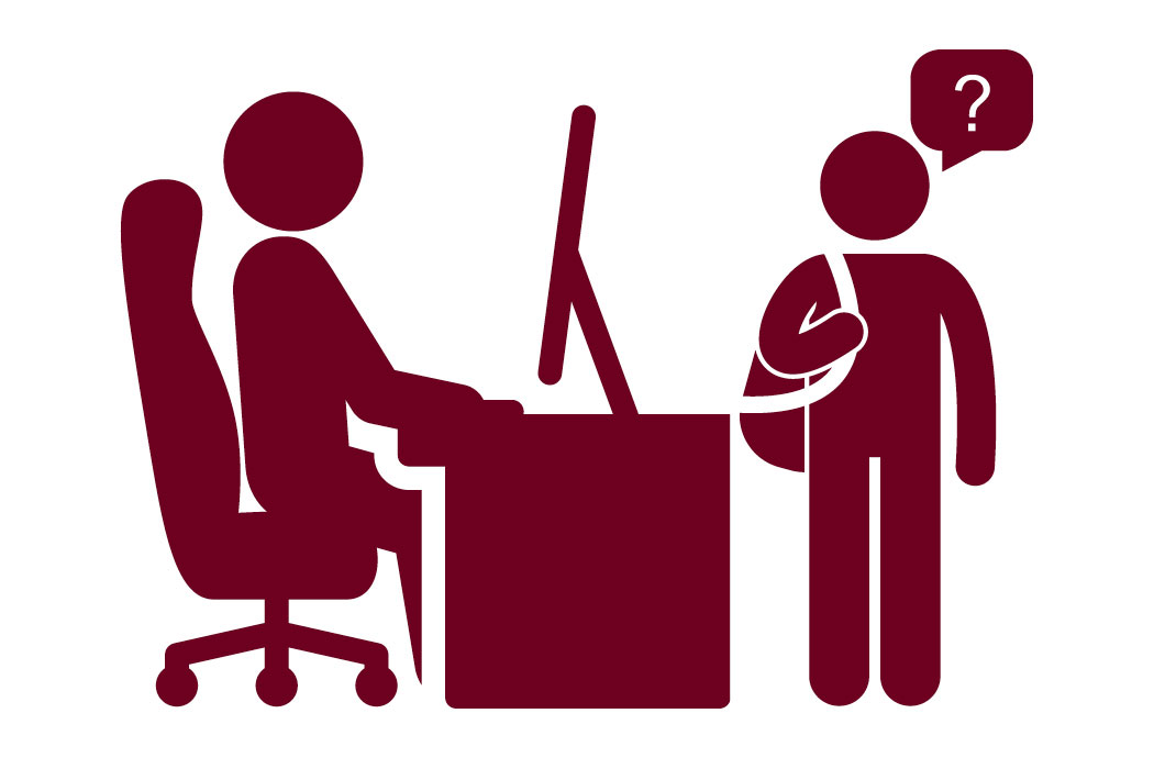 Advising icon of a human figure seated at a desk and another human figure standing in front of the desk with a question mark over their head