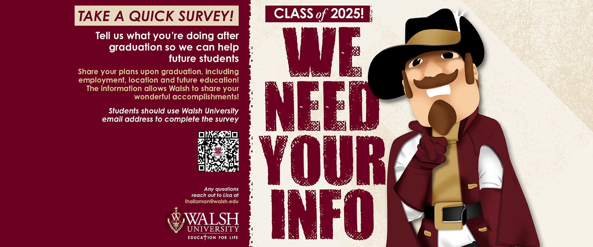 We need your info banner featuring Sir Walter pointing and some additional info; click to visit our Handshake page